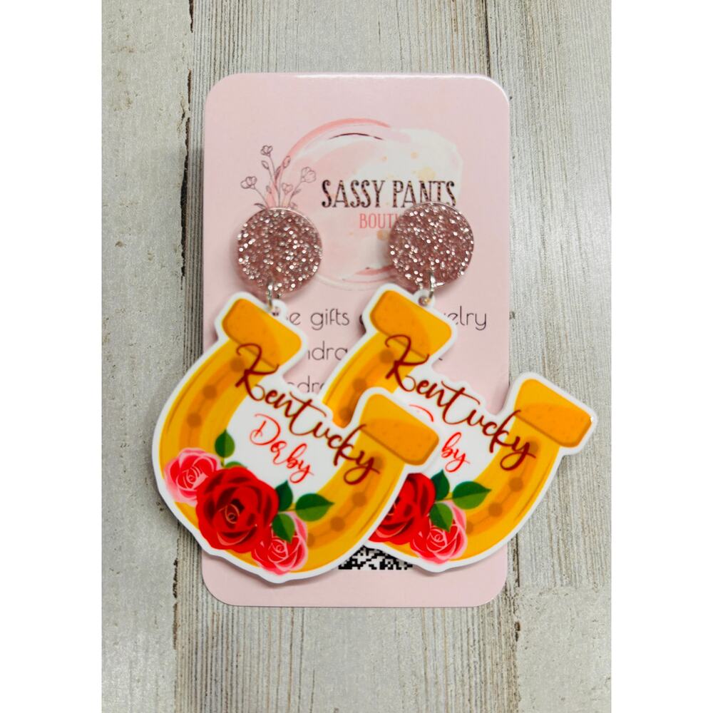 Horseshoe Kentucky Derby Horse Rose Earrings New